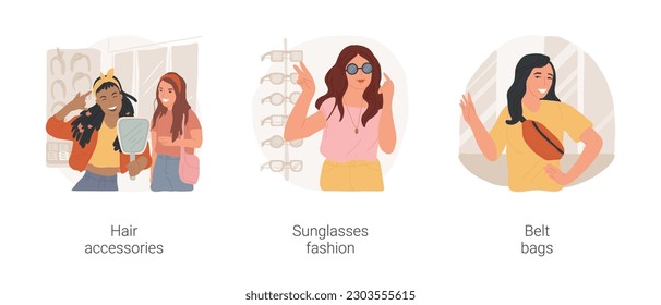 Choosing accessories isolated cartoon vector illustration set. Trying on hair accessories, sunglasses fashion, grimacing in front of mirror, trendy belt beg, teenage shopping vector cartoon.