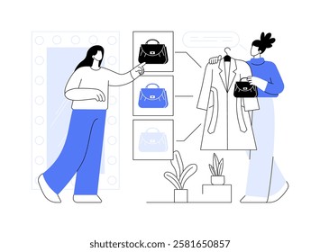 Choosing accessories isolated cartoon vector illustrations. Professional personal stylist choosing bag for a customer, freelance fashion consultant, design industry, coach vector cartoon.