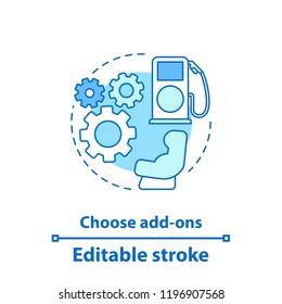 Choosing add-ons concept icon. Car service idea thin line illustration. Using baby car seat. Safety seat, cogwheel, gas station. Auto rental options. Vector isolated outline drawing. Editable stroke