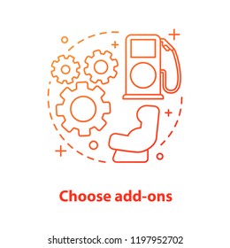 Choosing add-ons concept icon. Car service idea thin line illustration. Using baby car seat. Safety seat, cogwheel, gas station. Auto rental options. Vector isolated outline drawing