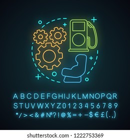 Choosing add-ons neon light concept icon. Car service idea. Using baby car seat. Safety seat, cogwheel, gas station. Auto rental options. Glowing alphabet, numbers. Vector isolated illustration