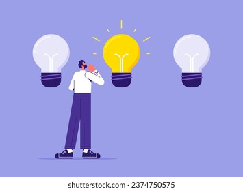 Choosing among good and bad business ideas, creativity choice, solution concept. Employee thinking or picking, selecting from light bulbs at work. Flat vector illustration