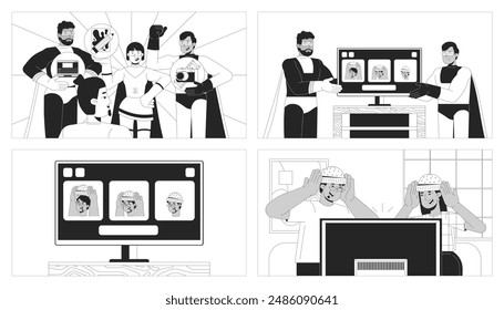 Choosing arts and knitted hats black and white line illustration set. Diverse adults with head clothing 2D characters monochrome background. Lifestyle outline scene vector image collection