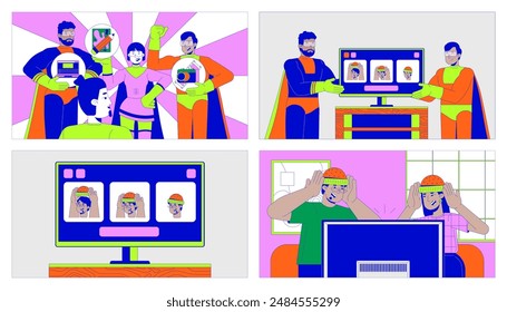 Choosing arts and knitted hats cartoon flat illustration set. Diverse adults with head clothing 2D line characters colorful background. Lifestyle scene vector storytelling image collection
