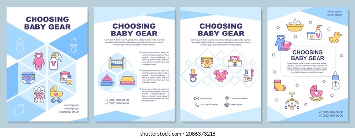 Choosing baby gear brochure template. Select safe products. Flyer, booklet, leaflet print, cover design with linear icons. Vector layouts for presentation, annual reports, advertisement pages