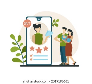 Choosing Babysitter In Mobile Application. Married Couple With Baby Studying Characteristics Of Nanny At Online Agency. High Rating And Recommendations From Satisfied Parents. Vector Flat Concept