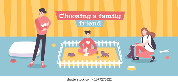 Choosing best calmest decorative dog breed as companion for working family with kids flat banner vector illustration