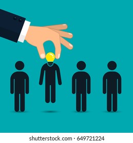 Choosing the best candidate for job concept. Hand picking up a businessman, Vector business illustration.