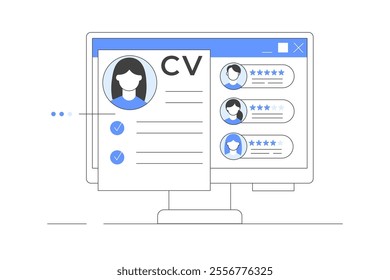 Choosing Best Candidate for Job. Hr  Searching New Employee. Recruitment Process. Profiles of different people on computer screen. Cv resume. Flat Cartoon Vector Illustration, icon. Stylish abstract