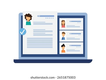Escolhendo o melhor candidato para o cargo. Ela está procurando um novo funcionário. Processo de recrutamento. Perfis de pessoas diferentes na tela do computador. Continuar Cv