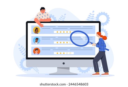 Choosing best candidate. Woman with magnifying glass evaluate candidates at vacancy. Ranking and rating of employees. Headhunting and recruiting. Cartoon flat vector illustration