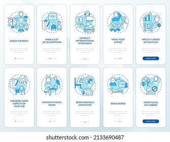 Choosing best job blue onboarding mobile app screen set. Bad work choice walkthrough 5 steps graphic instructions pages with linear concepts. UI, UX, GUI template. Myriad Pro-Bold, Regular fonts used