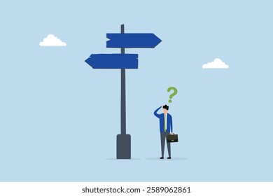 Choosing between 2 choices, businessman contemplating with question mark selecting between two paths with blank area. 