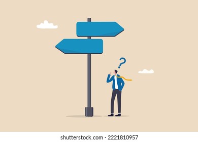 Choosing between 2 choices, make decision to the left or right, thinking in difficult situation, confusion concept, businessman thinking with question mark choose between 2 direction with copy space.
