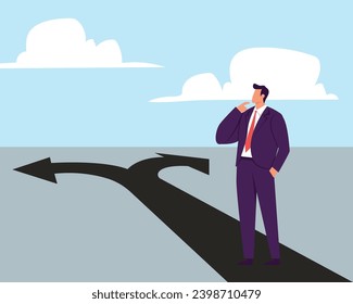Choosing between 2 choices, make decision to the left or right, thinking in difficult situation, confusion concept