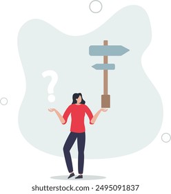 Choosing between 2 choices, make decision to the left or right, thinking in difficult situation, confusion concept,flat design.illustration with people.