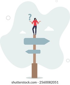 Choosing between 2 choices, make decision to the left or right, thinking in difficult situation, confusion concept,flat characters.