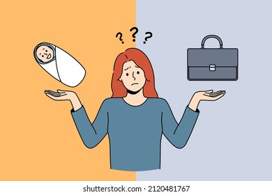 Choosing between career and parenthood concept. Young frustrated woman standing and trying to choose between giving birth and having great career vector illustration 