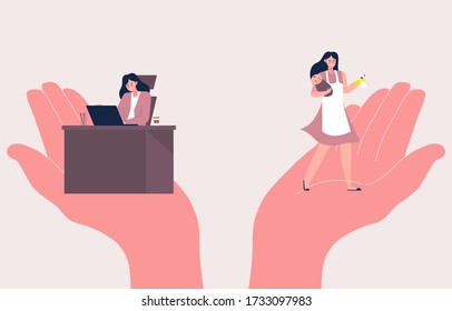 choosing between Career woman or housewife illustration.  choosing between family or parent responsibilities and career or professional success. Difficult choice, life dilemma, search of balance.