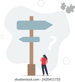 Choosing between  choices, make decision to the left or right, thinking in difficult situation, confusion concept,flat vector illustration.