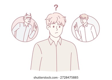 Elegir entre el mal y el concepto de bondad. Niño frustrado de pie con signo de interrogación por encima de tratar de elegir entre el diablo y el ángel en la Ilustración vectorial de pensamientos