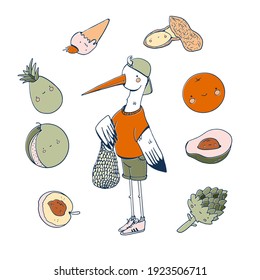 choosing between healthy and unhealthy food concept flat vector illustration. Fastfood vs balanced menu comparison isolated clipart. Stork-teenager cartoon character dieting and healthy eating.