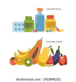 Choosing between medicine pills and natural treatment. Making decision between organic nutrition and medical tablets. Vegetables vs pharmacy drug. Diet heathy food concept. Flat vector illustration.