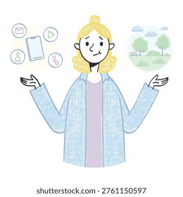 Choosing between screen time and real life connection with nature. Digital detox and mental health. Illustration set about recovery and balance