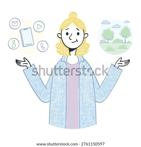 Choosing between screen time and real life connection with nature. Digital detox and mental health. Illustration set about recovery and balance