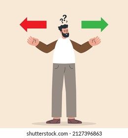 Elegir entre dos direcciones. Los hombres pensivos con signos de interrogación piensan en la solución de problemas. Confusión de estrategia de negocios o de vida. Ilustración vectorial.