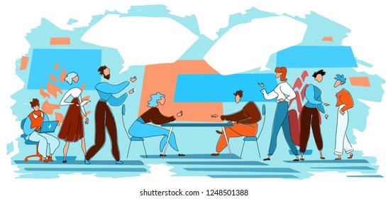 Elegir entre dos opciones o ideas. Grupo de gente de negocios hablando, debatiendo sobre la dirección de negocios, haciendo elección. Ilustración vectorial con burbujas de discurso.