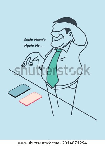 Choosing blindly. Think twice choose wise. A confused person while choosing the gadgets.