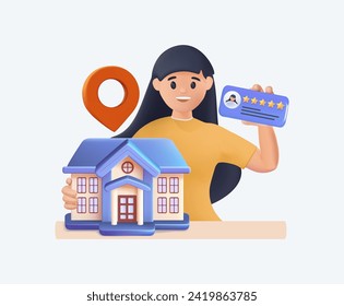 Elegir y reservar hotel en línea. Turista buscando la habitación del albergue, apartamento en internet. Búsqueda de alojamiento para viajes, concepto de vivienda. Ilustración vectorial 3D aislada en fondo blanco