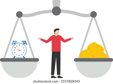 Choosing business interests money and employment, libra and wealth, balance and equality, work and life, Vector illustration design concept in flat style

