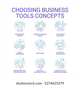 Choosing business tools blue gradient concept icons set. Provide new technologies. Development idea thin line color illustrations. Isolated symbols. Roboto-Medium, Myriad Pro-Bold font used