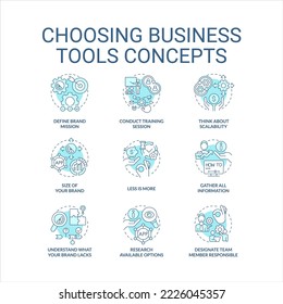 Choosing business tools turquoise concept icons set. Brand strategizing idea thin line color illustrations. Isolated symbols. Editable stroke. Roboto-Medium, Myriad Pro-Bold fonts used