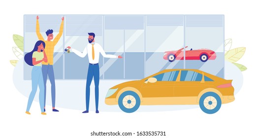 Choosing and Buying New Family Car in Salon Flat Vector Concept. Excited Young Couple Purchasing Automobile, Dealership Seller, Manager Congratulating Clients, Giving Car Keys to Owners Illustration