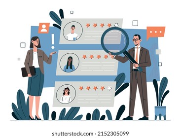 Choosing candidate concept. Girl and man with magnifying glass evaluate resumes of candidates for vacancy. HR managers looking for newcomers to expand companys staff. Cartoon flat vector illustration