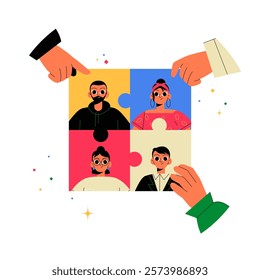 Choosing Candidate With Diverse Characters On Puzzle Piece In Flat Vector Illustration Symbolizing Recruitment, Teamwork, And Decision Making, Isolated On White Background.
