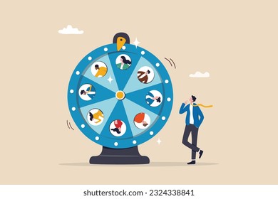 Choosing candidate, hiring new headcount or applicant, lucky winner staff, human resources pick new talent or layoff employee concept, businessman HR staff picking candidate by lucky draw wheel.