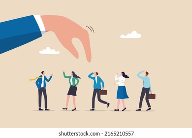 Choosing candidate for job vacancy, human resources or manager pick success candidate, searching for success people concept, giant businessman hand HR pick up winner from group of job candidate.