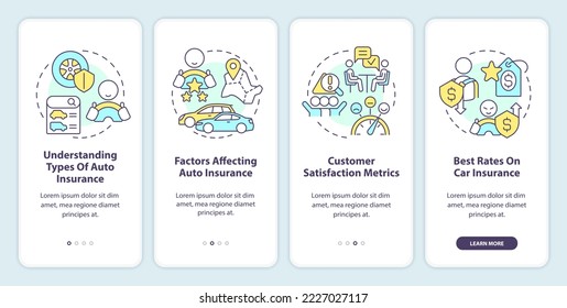 Choosing car insurance company onboarding mobile app screen. Walkthrough 4 steps editable graphic instructions with linear concepts. UI, UX, GUI template. Myriad Pro-Bold, Regular fonts used