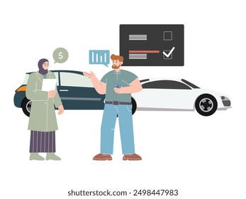 choosing a car make decision choose chose vehicle new car automotive automobile lifestyle design purchase buying pay select decide character icon template colorful