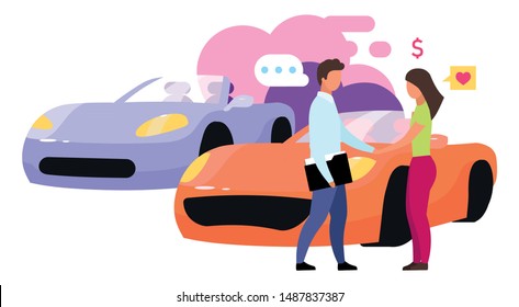 Choosing car in showroom flat vector illustration. Buying new auto at dealership. Product expert, consultant. Customer and seller, shopping assistant isolated cartoon character on white background