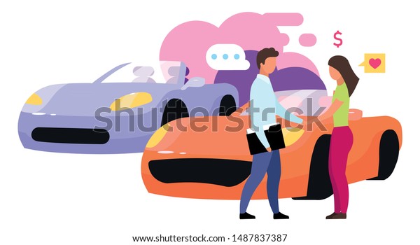 Choosing car in showroom flat vector\
illustration. Buying new auto at dealership. Product expert,\
consultant. Customer and seller, shopping assistant isolated\
cartoon character on white\
background