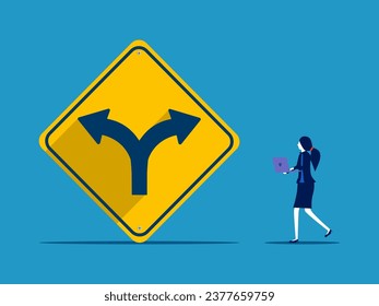 Choosing a career. Businesswoman makes decision with two way intersection sign