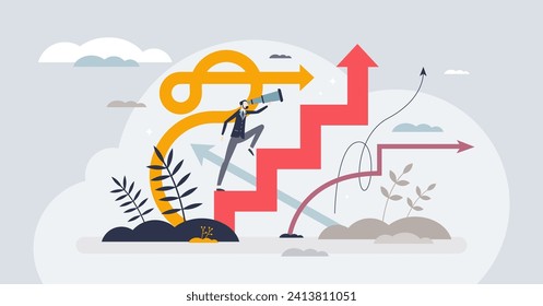 Choosing career path and business strategy for future tiny person concept. Planning occupation or professional goals vector illustration. Dilemma and choice for work opportunities. Guidance or vision