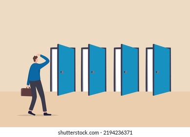 Choosing choices, make decision for career opportunity, alternative pathway, decide for new job or select important chance, right or wrong decision concept, businessman think to choose the right door.