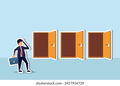 Choosing choices, make decision for career opportunity, alternative pathway, decide for new job or select important chance, right or wrong decision concept, businessman think to choose the right door.