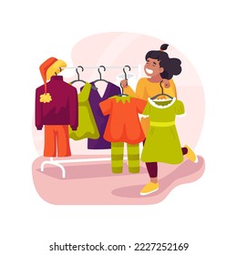 Choosing Christmas costume isolated cartoon vector illustration. Young little girl choosing xmas costume, enjoying winter holiday shopping, Christmas time preparation vector cartoon.